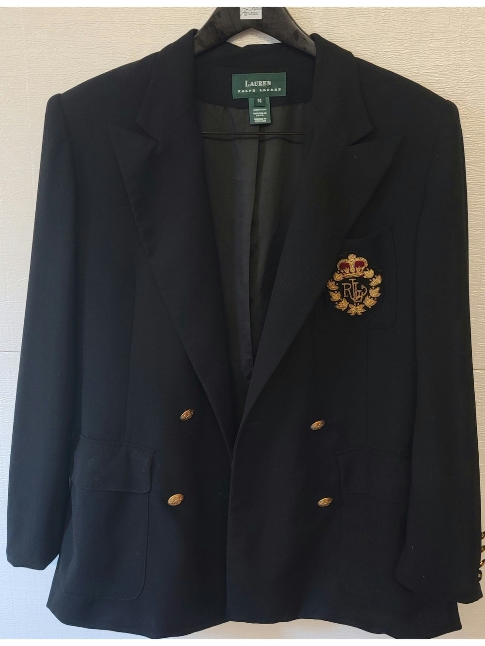 Lauren Ralph Lauren crest worsted Jacket black Sz 14 wool prep academia